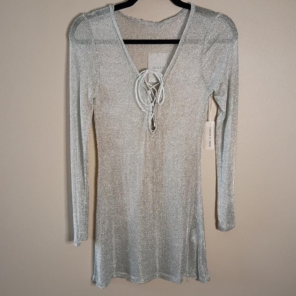 Forever 21 Silver Mesh Swim Cover-up Dress Long Sleeve Lace Up Detail Size S NWT